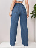 Blue Loose Fit Straight Jeans, High Waist Non-Stretch Slash Pockets Denim Pants, Women's Denim Jeans & Clothing