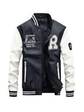 kkboxly  Men's Casual Pockets "R" Print Zipper Long Sleeves Baseball Collar PULeather Jacket