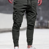 kkboxly  Solid Multi Flap Pockets Men's Drawstring Cargo Pants, Slim Fit Elastic Casual Outdoor Pants, Men's Work Pants