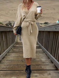 kkboxly  V-neck Knitted Belt Midi Dress, Elegant Solid Split Thigh Knit Long Sleeve Sweater Dress For Fall & Winter, Women's Clothing