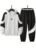 Plus Size Men's Contrast Color Pattern Print Hooded Sweatshirt & Sweatpants Set For Autumn/winter, Men's Clothing