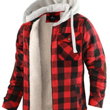 kkboxly  Plaid Shacket Shirt Jacket Sherpa Lined Men's Hooded Thick Jacket Casual Long Sleeve Hoodies With Zipper Gym Sports Hooded Coat For Spring Fall