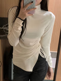 kkboxly  Solid Mock Neck Asymmetrical T-shirt, Casual Drawstring Side Long Sleeve Slim Top, Women's Clothing