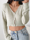 kkboxly  Solid Cropped Knit Cardigan, Casual Button Front Long Sleeve Sweater, Women's Clothing