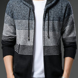 Men's Full Zip Up Casual Fleece Lined Hooded Cardigan, Regular Fit Knitted Sweater Jacket Coat With Pockets For Winter Fall