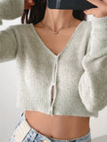 kkboxly  Solid Cropped Knit Cardigan, Casual Button Front Long Sleeve Sweater, Women's Clothing