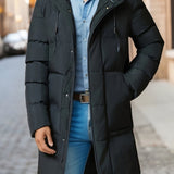 kkboxly  Men's Casual Long Padded Coat For Fall Winter, Hooded Cort For Fall Winter