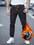 kkboxly  Men's Casual Warm Thick Tapered Pants, Chic Fleece Lined Retro Plaid Pants For Fall Winter