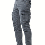 kkboxly Men's Casual Multi Pocket Jeans, Chic Street Style High Stretch Cargo Denim Pants