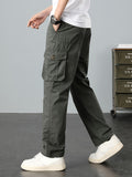 kkboxly Casual Loose Men's Solid Outdoor Cargo Style Long Pants With Multi-pocket Design, Men's Work Wear