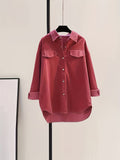 kkboxly  Solid Button Front Corduroy Shirt, Versatile Long Sleeve Loose Shirt For Spring & Fall, Women's Clothing