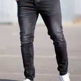 kkboxly  Light Wash Cotton Slim Fit Jeans, Men's Casual Street Style Mid Stretch Denim Pants For Spring Summer