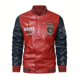 kkboxly  Men's Casual Pockets "R" Print Zipper Long Sleeves Baseball Collar PULeather Jacket