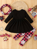 Infant Baby Girls Cute 3pcs Outfit - Snowflake Print Long Sleeve Top & Plaid Allover Print Trousers & Neck Scarf Christmas Holiday Style Set