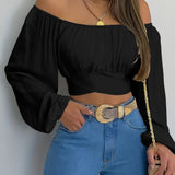 kkboxly  Solid Cross Tie Back Crop Blouse, Casual Off Shoulder Long Sleeve Top, Women's Clothing