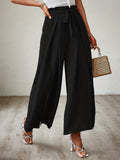 kkboxly  Solid Tied High Waist Pants, Casual Pleated Wide Leg Pants For Spring & Fall, Women's Clothing