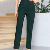 kkboxly  Solid Button High Waist Slim Pants, Elegant Pants For Spring & Fall, Women's Clothing