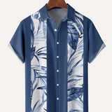 kkboxly  Vertical Stripe & Tropical Leaves Print Casual Short Sleeve Shirt, Men's Hawaiian Shirt For Summer Vacation Resort