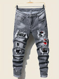 kkboxly  Slim Fit Patchwork Jeans, Men's Casual Street Style Distressed Stretch Denim Pants