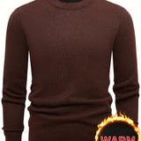 Men's Stylish Solid Fleece Knitted Pullover, Casual Breathable Long Sleeve Crew Neck Warm Sweater For Winter Outdoor