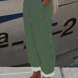 Striped Print Pants, Casual Wide Leg Elastic Waist Pants With Pockets, Women's Clothing