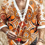 Men's Bohemian Pattern Shirt Top V Neck Lace Up Collar 3/4 Sleeves Closure Regular Fit Male Casual Shirt For Daily Beach Resorts