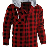 kkboxly  Drawstring Hooded Flannel Shirt, Men's Casual Various Colors Plaid Button Up Shirt For Spring Summer