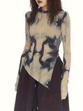 Tie Dye Print Crew Neck Slit T-Shirt, Casual Long Sleeve Top For Spring & Fall, Women's Clothing