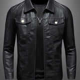 kkboxly  Men's Faux Leather Windbreaker Plain Black Zipper Long Sleeve PU Jacket For Motorcycle