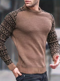 kkboxly  Waffle Trendy Patchwork Sweatshirt, Men's Casual Ethnic Pattern Sleeves Crew Neck Sweatshirt For Men Fall Winter