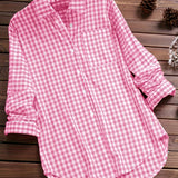 kkboxly  Gingham Print Classic Shirt, Vintage Button Front Long Sleeve Shirt With A Collar, Women's Clothing