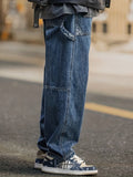 kkboxly  Wide Leg Cotton Jeans, Men's Casual Street Style Patchwork Denim Pants For Spring Summer