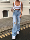 Plain Pipped Holes Flare Jeans, Slash Pockets Distressed High Waist Bell Bottom High Rise Denim Pants, Women's Denim Jeans & Clothing