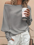 kkboxly  Solid Off Shoulder Pullover Sweater, Casual Long Batwing Sleeve Sweater For Spring & Fall, Women's Clothing