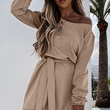 kkboxly  One Shoulder Sweatshirt Dress, Casual Tie Waist Long Sleeve Solid Dress, Women's Clothing