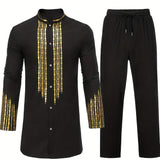 kkboxly Men's African 2 Pcs Set Long Sleeve Gold Print Cotton Dashiki And Pants Outfit Traditional Suit