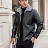 Warm Fleece PU Jacket, Men's Casual Solid Color Zip Up Lapel Faux Leather Jacket For Fall Winter