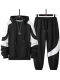 Plus Size Men's Contrast Color Pattern Print Hooded Sweatshirt & Sweatpants Set For Autumn/winter, Men's Clothing