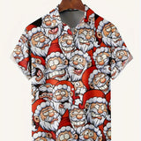 kkboxly  Christmas Santa & Elk Cartoon Pattern Men's Short Sleeve Button-down Shirt With Chest Pocket, Gift For Men