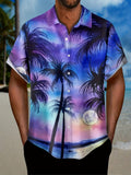 kkboxly  Coconut Tree & Moon Print Men's Casual Short Sleeve Shirt, Men's Shirt For Summer Vacation Resort