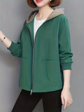 Color Block Simple Hooded Jacket, Casual Zip Up Long Sleeve Outerwear, Women's Clothing