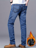 kkboxly  Warm Fleece Straight Leg Jeans For Business, Men's Semi-formal Denim Pants For Fall Winter