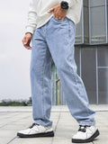 kkboxly  Loose Fit Wide Leg Jeans, Men's Casual Street Style Denim Pants For All Seasons