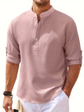 Men's Retro Casual Long Sleeve Stand Collar Shirt With Half Button, Spring Fall Outdoor