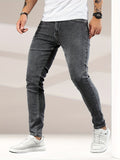 kkboxly  Contrast Stitching Slim Fit Jeans, Men's Casual Street Style Mid Stretch Denim Pants For Spring Summer