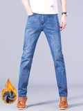 kkboxly Warm Fleece Straight Leg Jeans For Business, Men's Semi-formal Denim Pants For Fall Winter