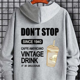 kkboxly  Coffee Drink Pattern Zip Up Hoodie, Men's Casual Stretch Hooded Sweatshirt Sportswear