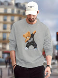 Stylish Teddy Bear Print Trendy Sweatshirt, Men's Casual Graphic Design Slightly Stretch Crew Neck Pullover Sweatshirt For Autumn Winter