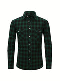 kkboxly Men's Formal Classic Design Plaid Print Button Up Long Sleeve Shirt With Chest Pocket, Male Clothes For Spring And Fall Business Occasion