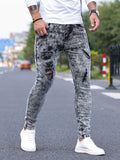 kkboxly Slim Fit Ripped Jeans, Men's Casual Street Style Distressed Stretch Denim Pants